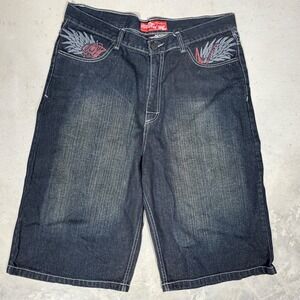 Red Ape Mens Denim Shorts Size 40 Dark Wash Embroidered Baggy Y2K Streetwear